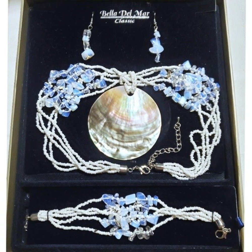NEW Bella del Mar Classic SET Necklace Bracelet Earrings Blue Mother of Pearl